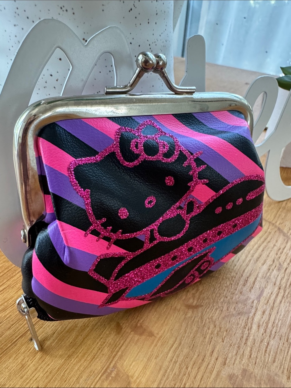 Hello Kitty Black, Pink & Purple Glitter Stripe Kiss-Lock Coin Purse